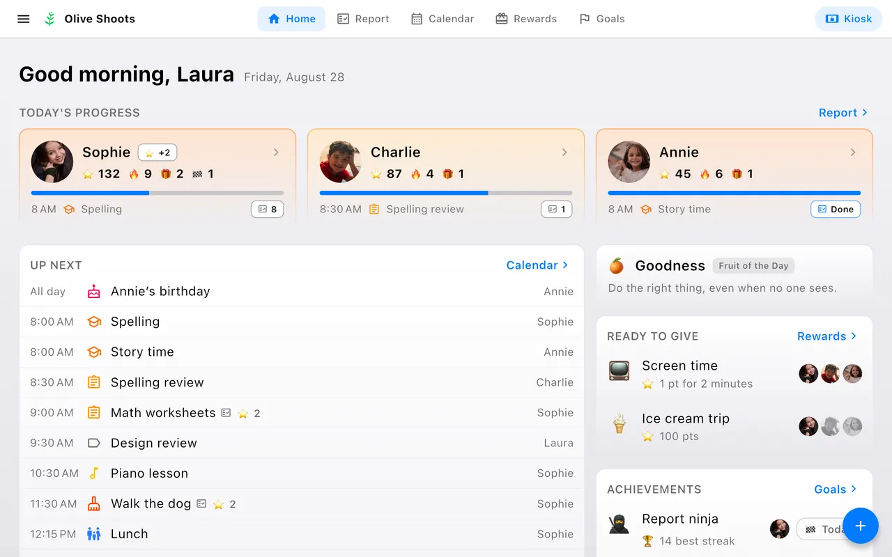 A tablet showing the parent's home screen: a card for each child with their points, streak and next task, an Up next list led by Annie's birthday, the Fruit of the Day, and the rewards each child can afford.