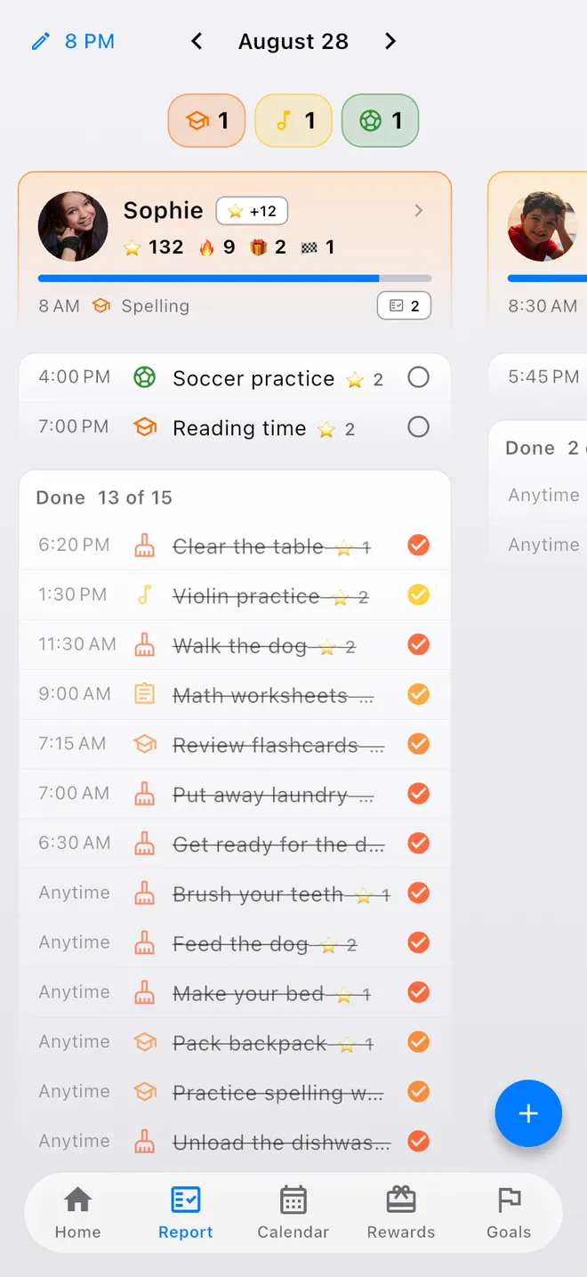 A phone showing Sophie's daily report: two items still remaining, twelve points earned, and a list of finished tasks crossed off below.